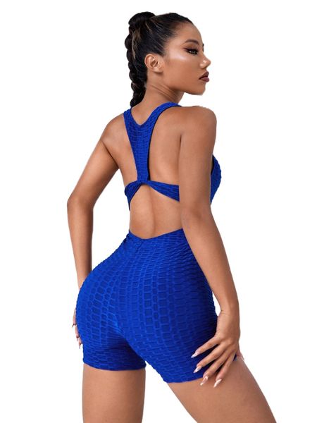 

ruched cut out honeycomb textured sports romper 61uo#, Gray
