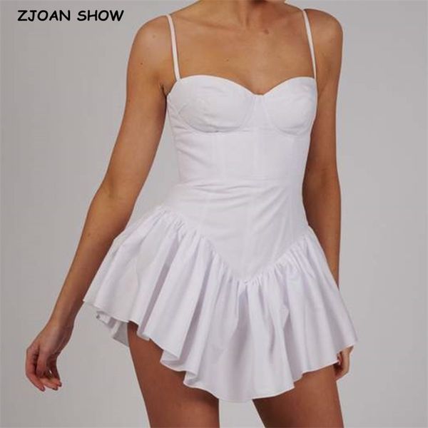 

2022 solid white bra corset style spaghetti strap mini dress women backless party skater short dresses sling robe vestido 220511, Black;gray