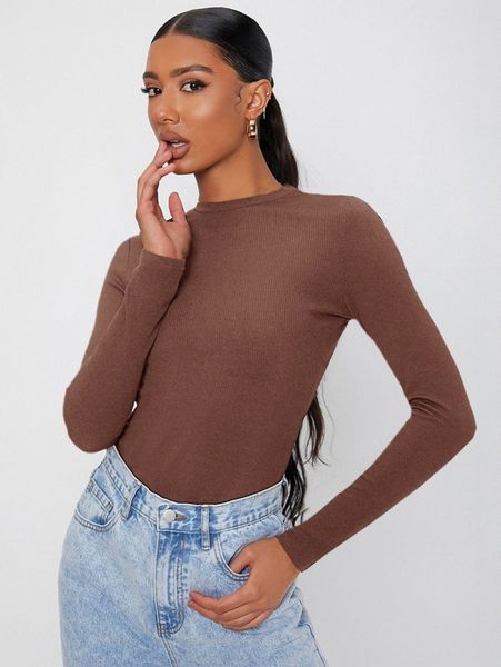 

tall mock neck rib-knit slim tee s5rq#, White