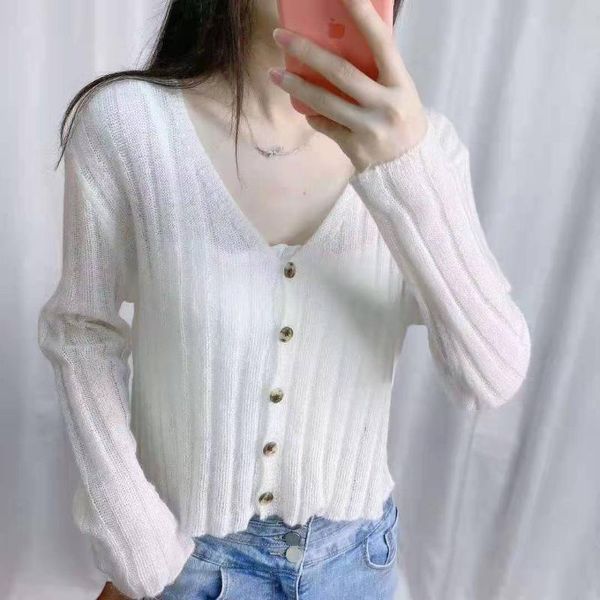 

women's knits & tees spring summer thin sweater women's cardigan long-sleeved v-neck all-match short small shawl jacket trendy, White