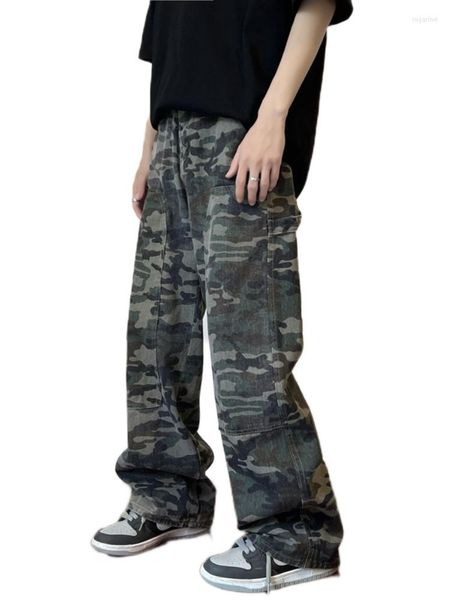 

men's jeans men streetwear camouflage high waist cargo pants straight fashion baggy y2k casual denim trousersmen's, Blue