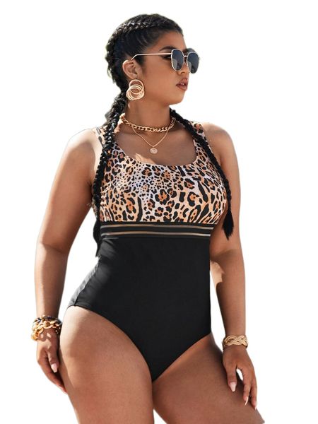 

plus leopard contrast mesh one piece swimsuit z01f#, White;black