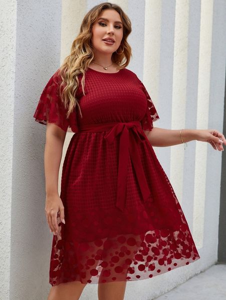 

plus contrast dobby mesh butterfly sleeve belted dress t05m#, Black