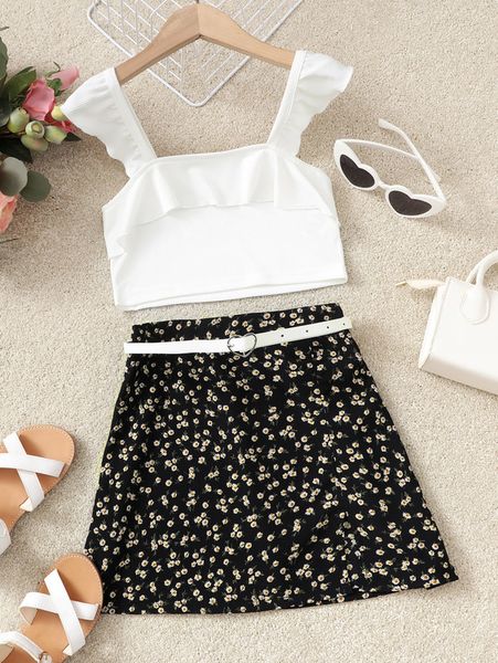 

girls ruffle trim & ditsy floral belted slit skirt she, White