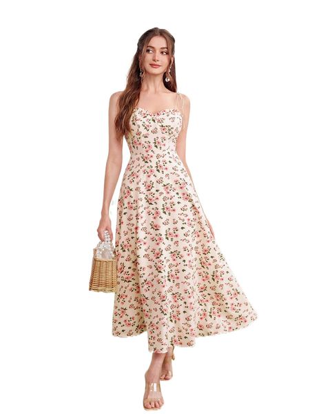 

allover floral print knot shoulder cami dress e9g8#, Black;gray