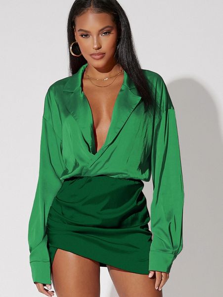 

club colorblock drop shoulder lapel neck dress i6yu#, Black;gray