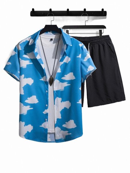 

men random cloud print shirt & drawstring waist shorts without tee y3ko#, Gray