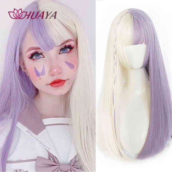 HUAYA Parrucca lunga diritta con frangia Capelli sintetici resistenti al calore viola-bianco per ragazza afro-americana Lolita Cosplay220505