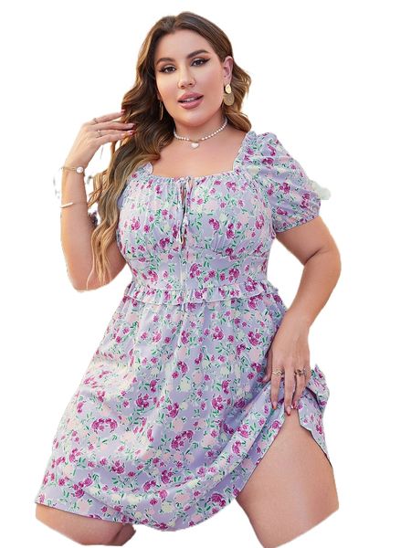 

plus allover floral print knot front puff sleeve frill trim dress d0pu#, Black