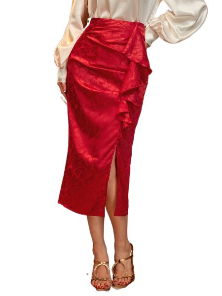 

x farah floral jacquard ruffle trim satin slit skirt t8yl#, Black