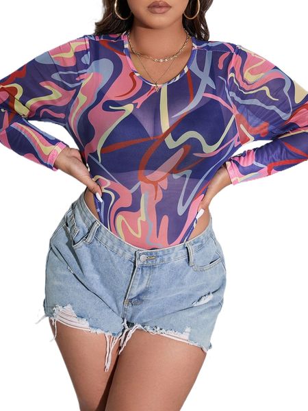 

plus graphic print mesh bodysuit 97e0#, Black