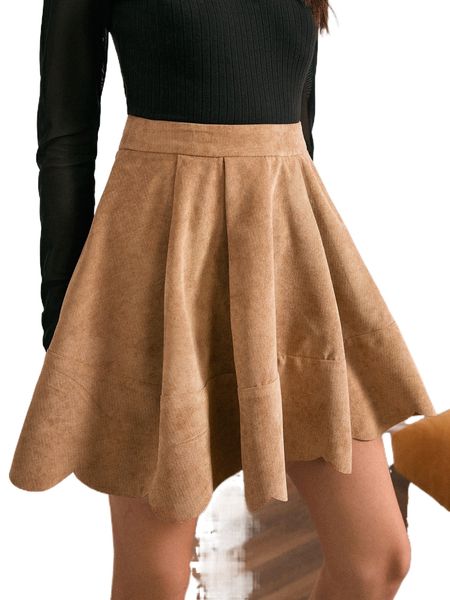 

high waist scallop trim skirt g9dt#, Black
