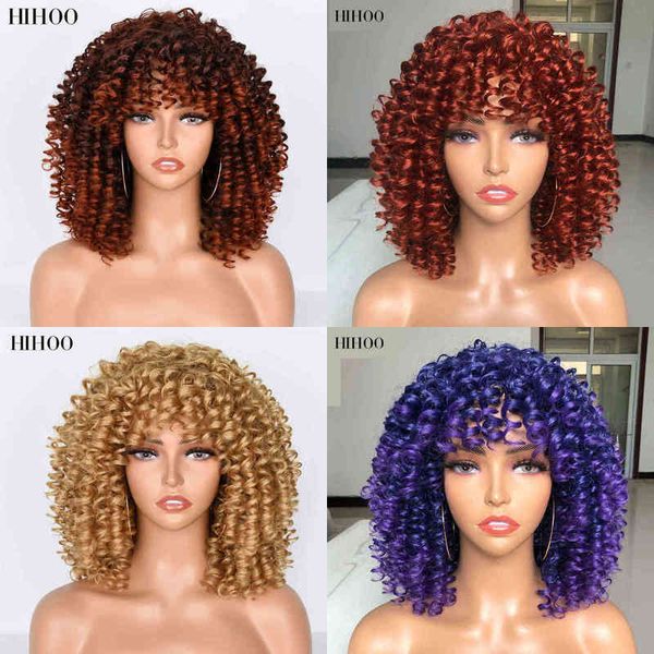 

afro kinky curly wig with bangs short synthetic wigs for black women omber brown blonde glueless cosplay hair high temperature 220622