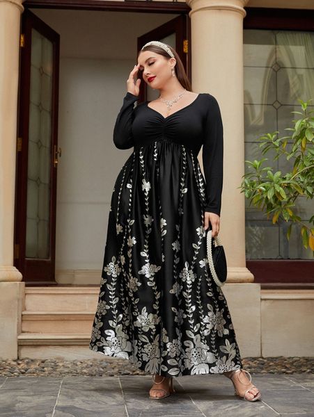 

plus ruched floral print a-line dress y2kb#, Black