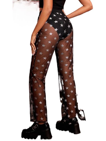 

star print sheer mesh pants r7il#, Black;white