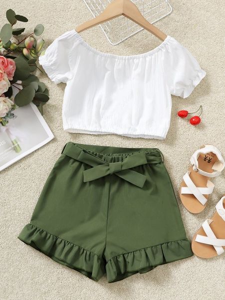 

girls' ruffled cuff and ruffled belt shorts she, White