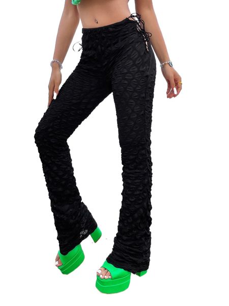 

solid drawstring waist side textured pants h89c#, Black;white