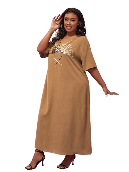 

x jola plus drop shoulder floral print tee dress d7bn#, Black