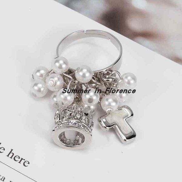 

empress dowager vivienne crown cross pearl ring with adjustable opening, Silver