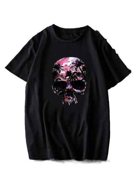 

men skull & coconut tree print tee p58e#, White;black