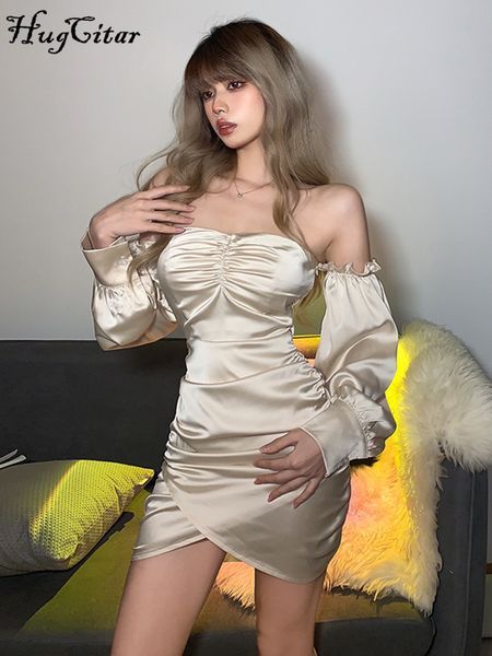 

satin slash neck off shouldder long puff sleeves pleated mini dress 2022 bodycon streetwear evening party elegant, Black;gray