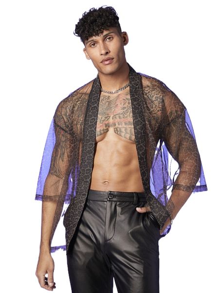 

men leopard print sheer mesh shirt z2bh#, White;black