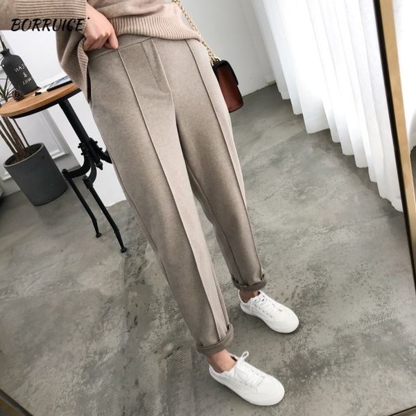 

thick womens trousers wool womens cropped trousers casual loose straight leg pencil pants high waist trousers optional 3xl y200418, Black;white