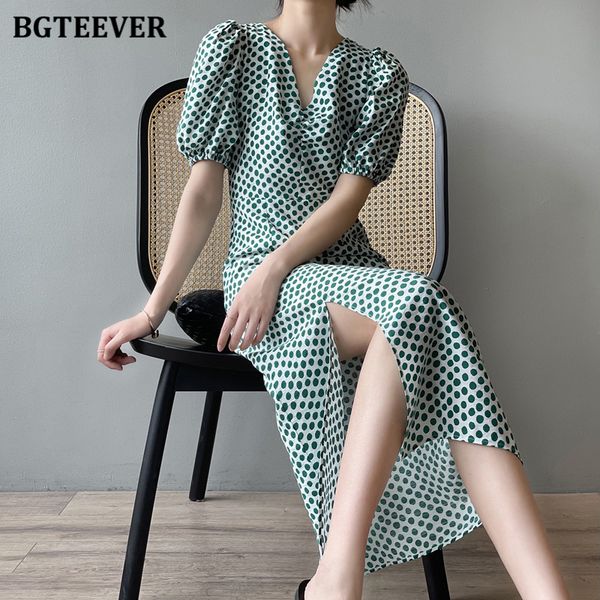 

vintage green dot summer dresses women v-neck side split female a-line dress 2021 puff sleeve elegant midi vestidos, Black;gray
