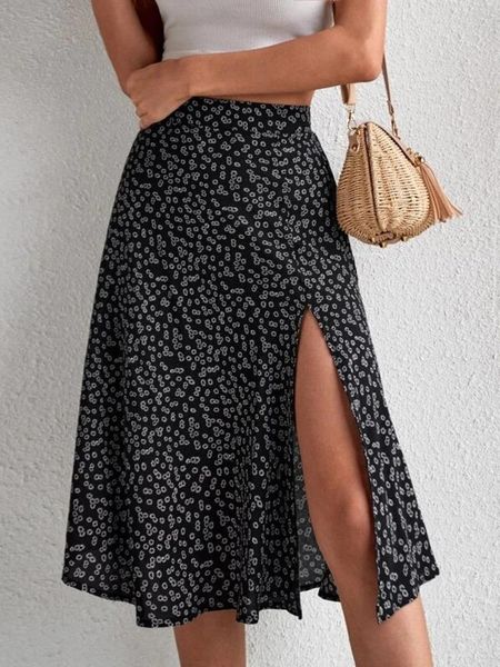 

liti summer skirts ditsy floral print split thigh skirt hem open irregular womens wear, Black