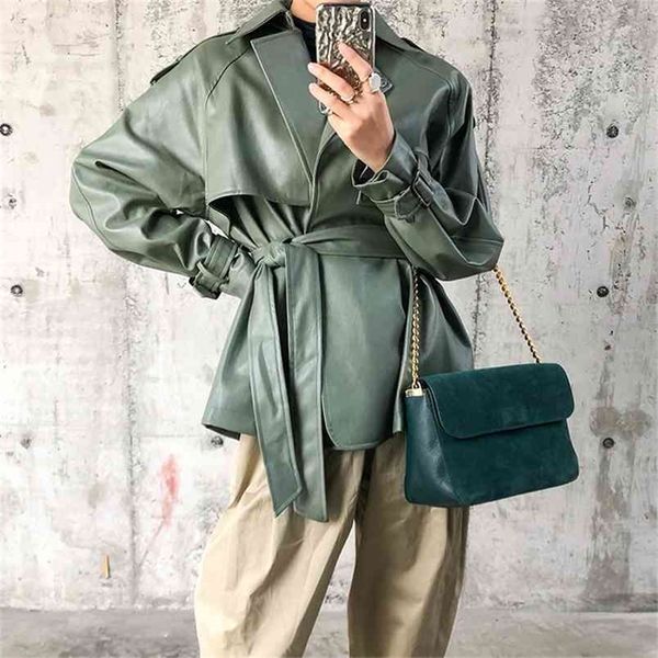 

fitaylor spring autumn pu leather jacket casual female streetwear outwear jackets women faux pu leather belt coat 210923, Black