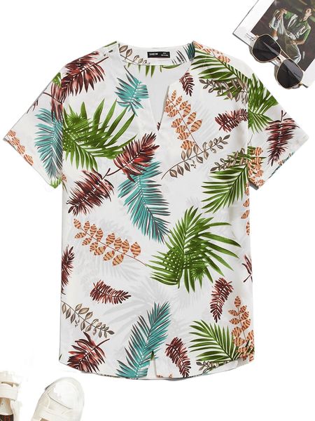 

men notched neck tropical print shirt a2ac#, White;black