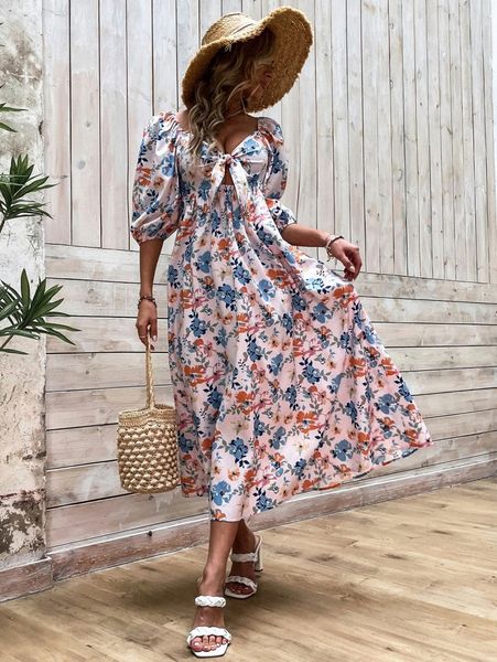 

allover floral print tie front sweetheart neck lantern sleeve dress 21iy#, Black;gray