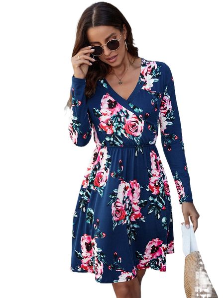 

dearcase floral print overlap collar dress f0uf#, Black;gray