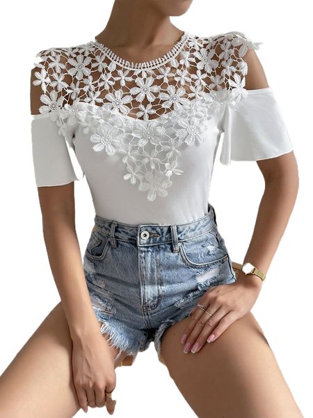 

guipure lace appliques cold shoulder tee g1be#, White