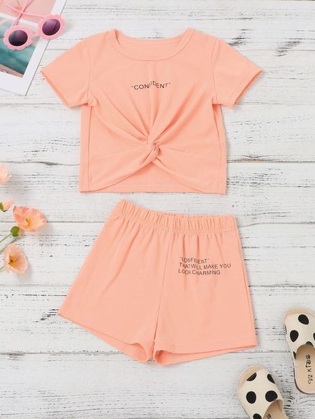 

toddler girls letter graphic twist front tee & slogan graphic shorts she, White