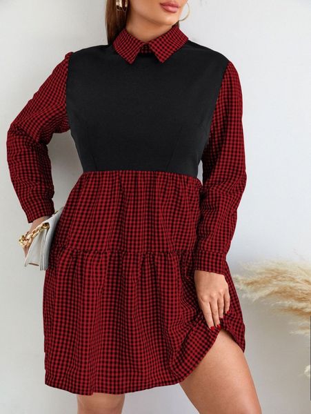 

plus gingham ruffle hem dress s8vz#, Black