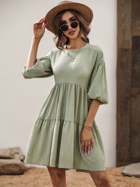 

lantern sleeve ruffle hem textured dress q5lb#, Black;gray
