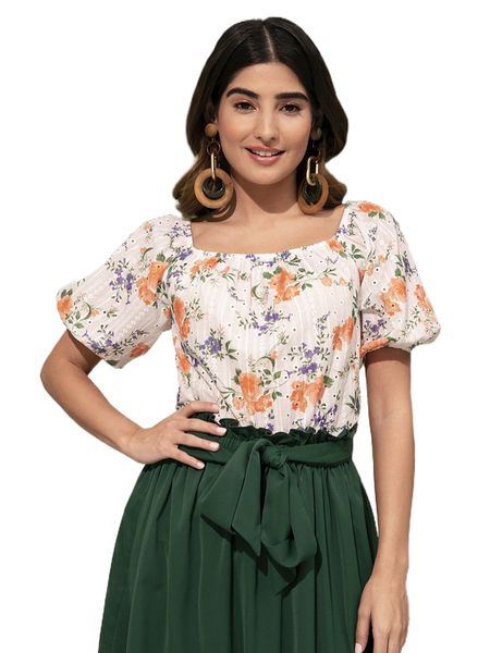 

modely square neck floral print puff sleeve m7kh#, White