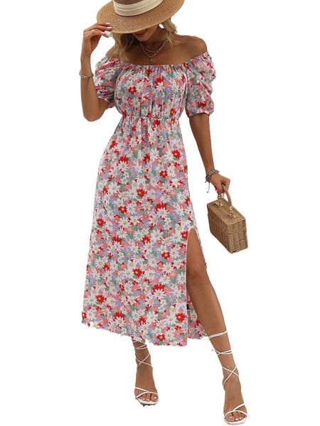 

floral off shoulder split thigh dress b2n0#, Black;gray