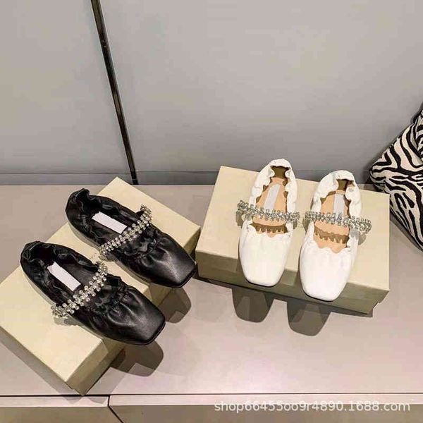 

sandals [high edition]jc sheepskin pleated chain slotted belt square head flat bottom ballet shoes grandma single women, Black