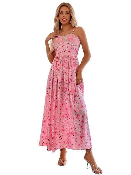 

random floral print appliques shirred back cami dress d3jp#, Black;gray
