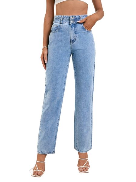 

high waist straight leg jeans j80l#, Blue