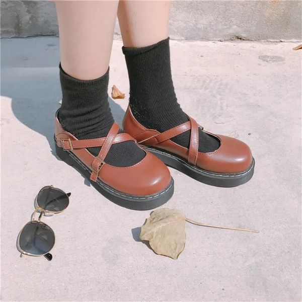 

sepatu lolita kulit coklat hitam platform mary jane lucu untuk wanita flat tali gesper musim semi gugur hak 220614, Black