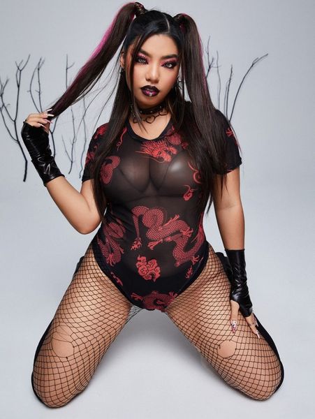 

plus chinese dragon print bodysuit without lingerie w8fp#, Black