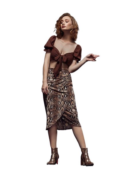 

x safari high waist snake skin print wrap hem skirt g6ku#, Black