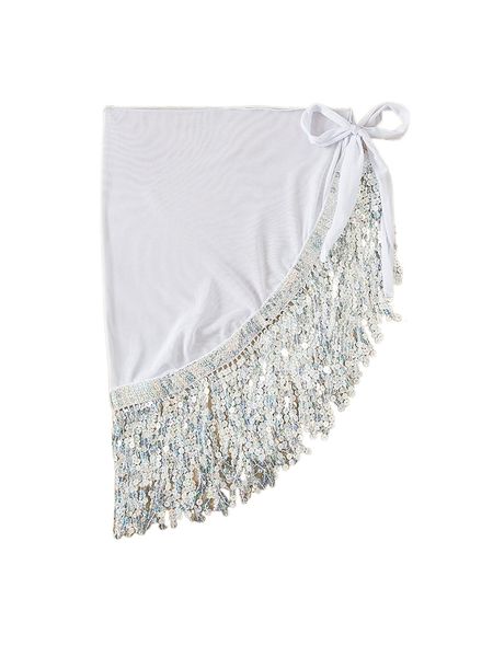 

tie side sequin fringe trim cover up skirt e2qo#, White;black