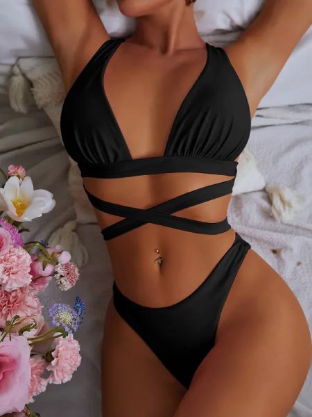 

bikini woman criss cross swimwear new swimsuit female thong bikini set 2 pieces swim wear women bathing suit beachwear, White;black
