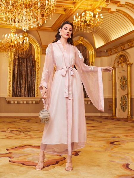 

floral applique belted mesh coat & solid dress b4v5#, White