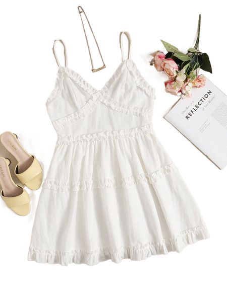 

solid frill trim cami dress x1ev#, Black;gray
