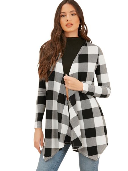 

asymmetrical hem buffalo plaid coat 10ir#, Black